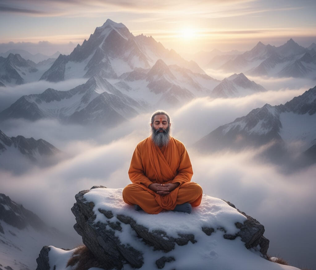 Guru meditating on top of a snowy mountain.